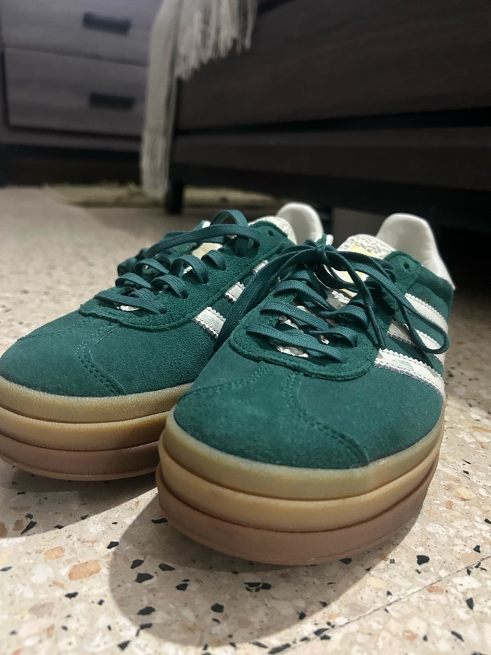adidas Dark Green Suede Platform Sneakers with White Stripes
